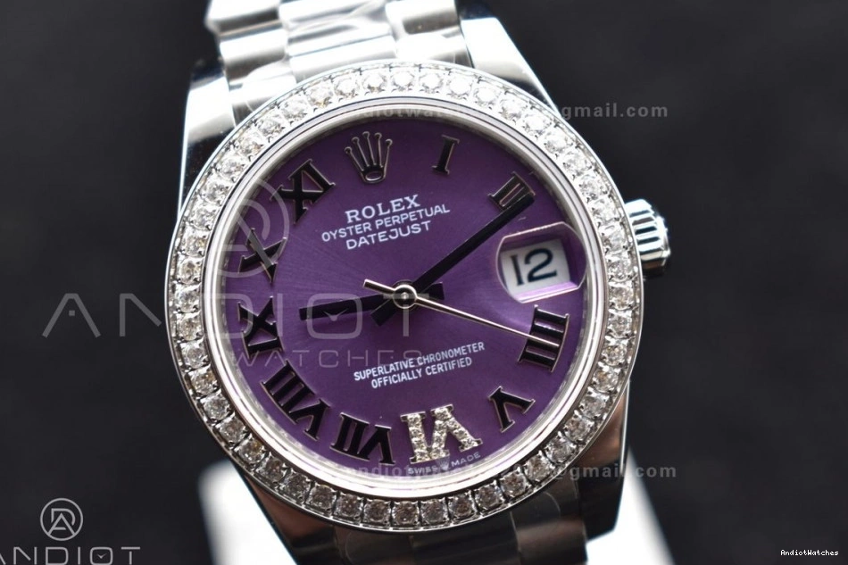 278289 President Purple Steel Diamonds DateJust Roman 552 Ladies Bezel Dial 316L BPF Contemporary on Markers Style 31 Bracelet 0512